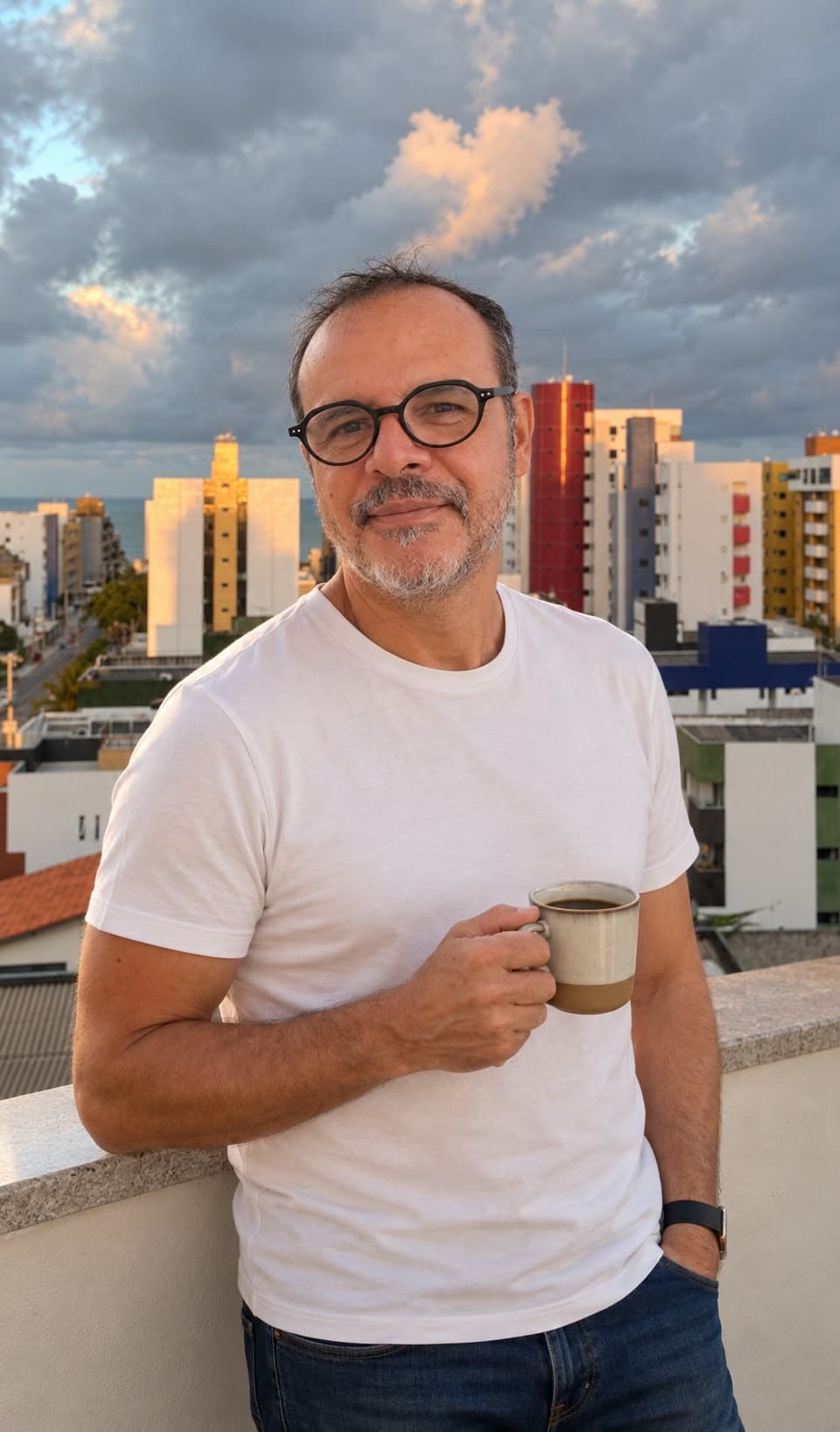 Kleber ao ar livre, segurando uma xícara, com a cidade e o céu ao fundo